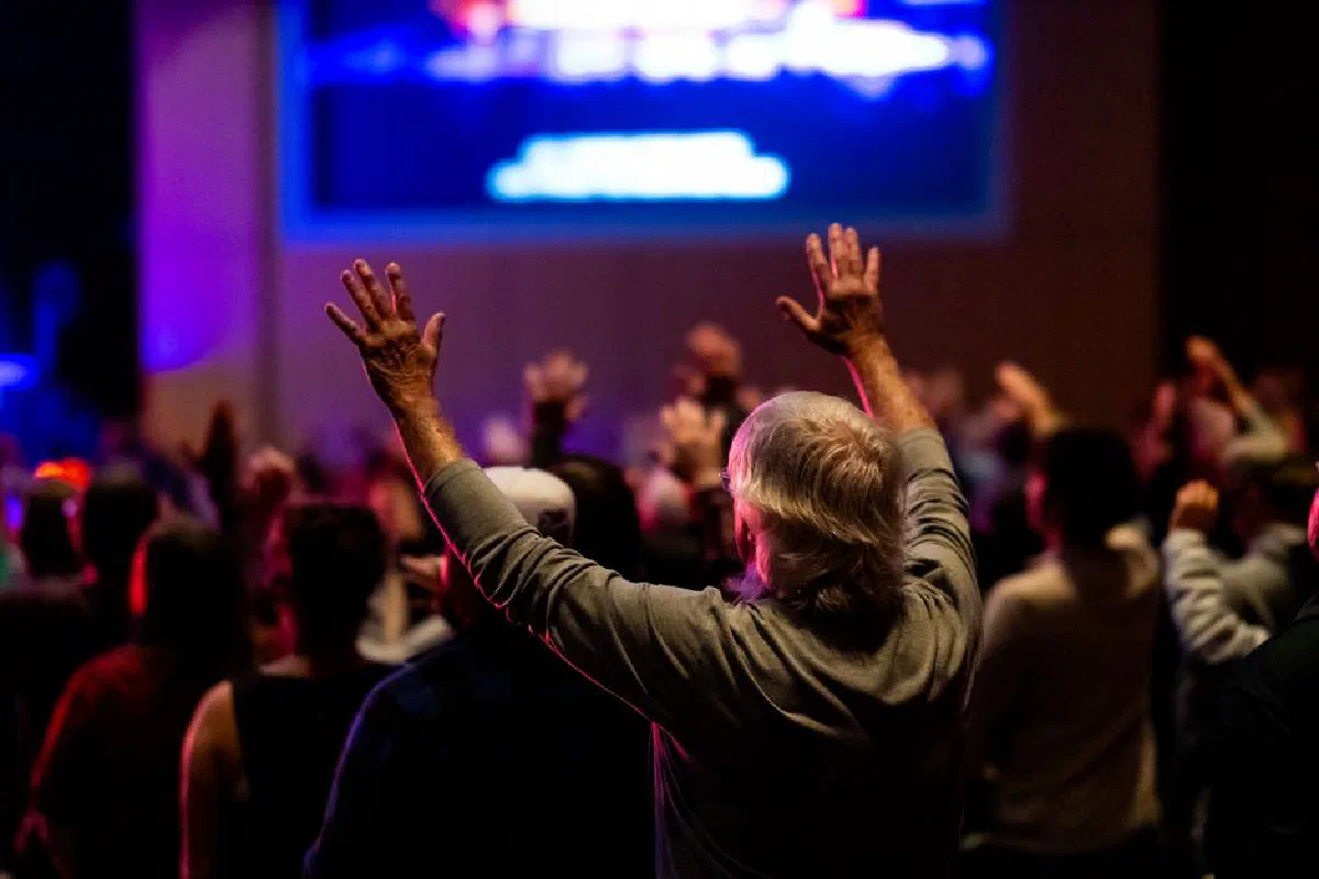 A lively audience with hands raised at a concert or event, emphasizing engagement and unity.