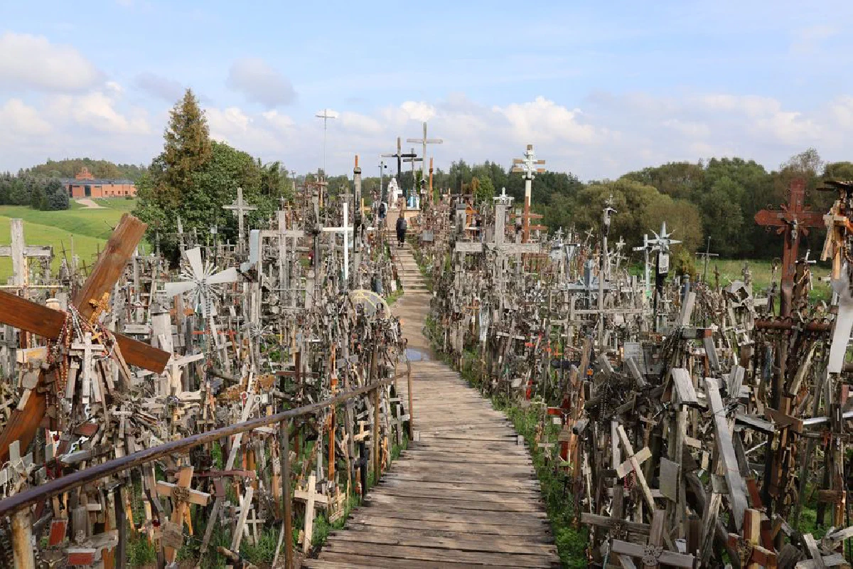 A stunning view of the Hill of Crosses, a famous religious landmark in Lithuania.