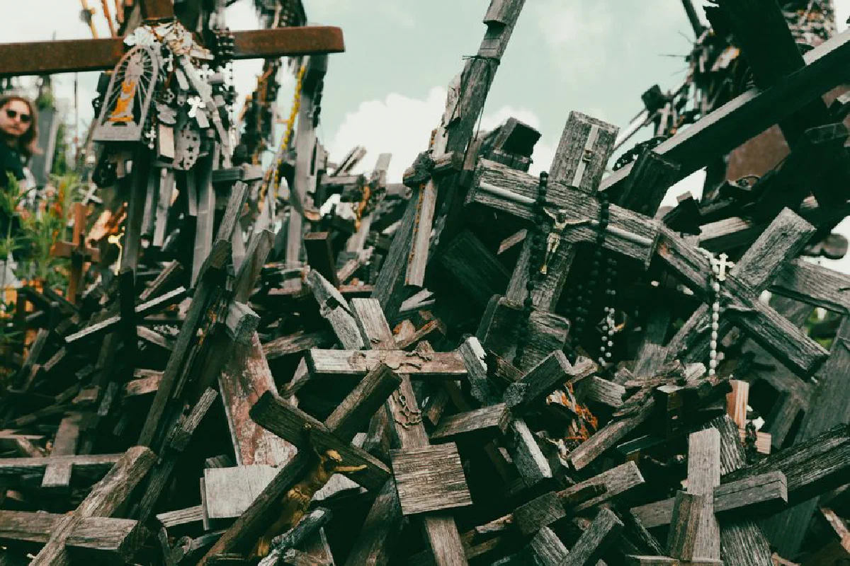 A close-up view of wooden crosses at the Hill of Crosses, a unique pilgrimage site.