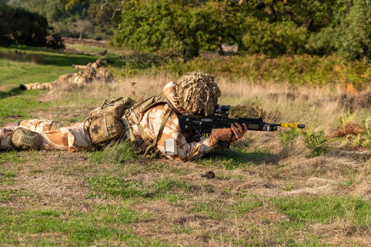 Camouflaged soldier lying in a grassy field aiming a rifle, showcasing tactical stealth.