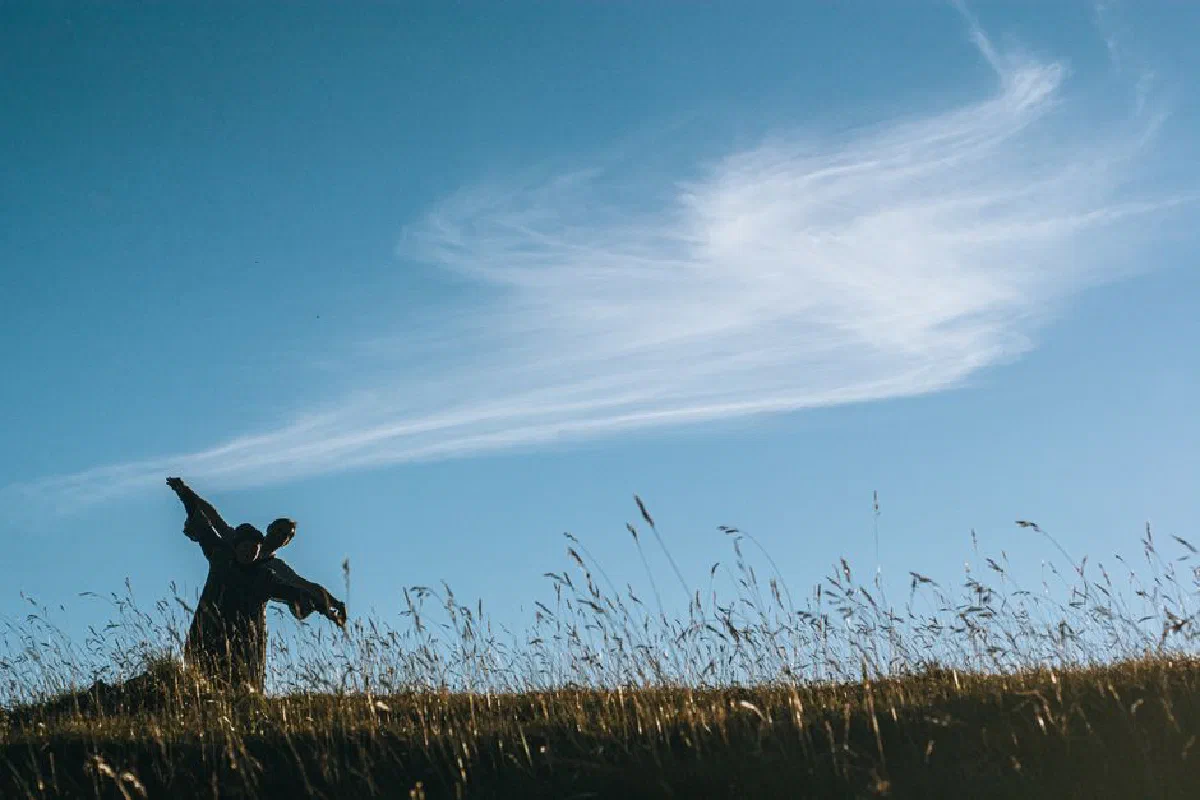 Silhouetted couple dancing in a breezy field under a clear blue sky.