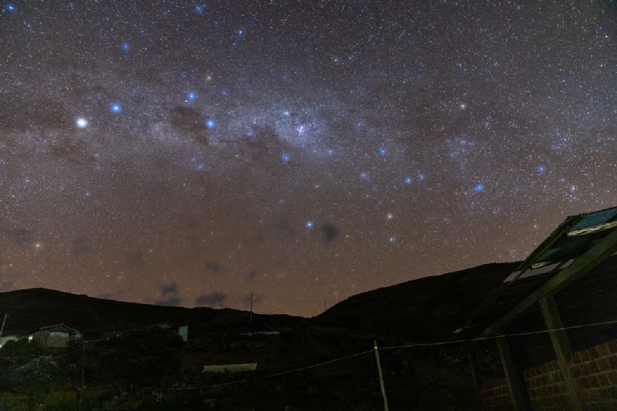 Starry night sky with Milky Way over hills in Cusco, Peru.