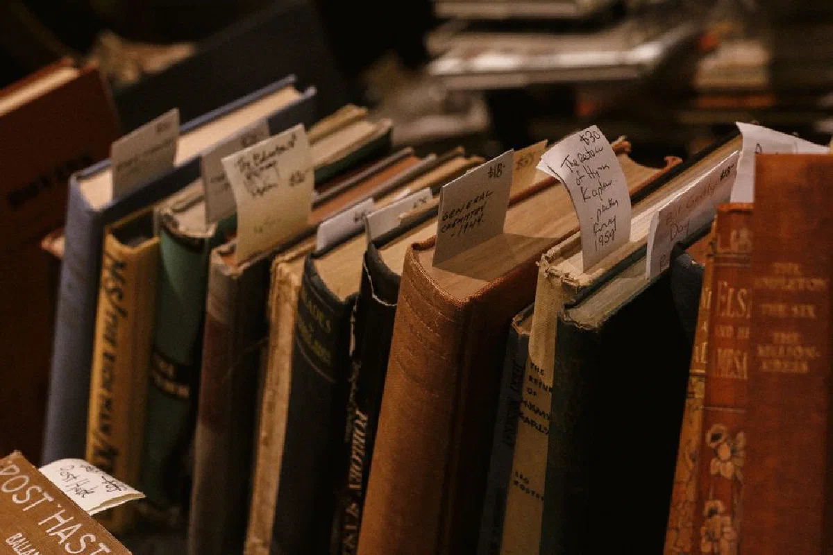 A row of vintage books displayed with handwritten price tags in a cozy bookstore.