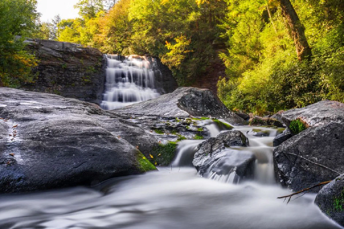 Beautiful waterfall flowing through lush autumn landscape in Maryland.