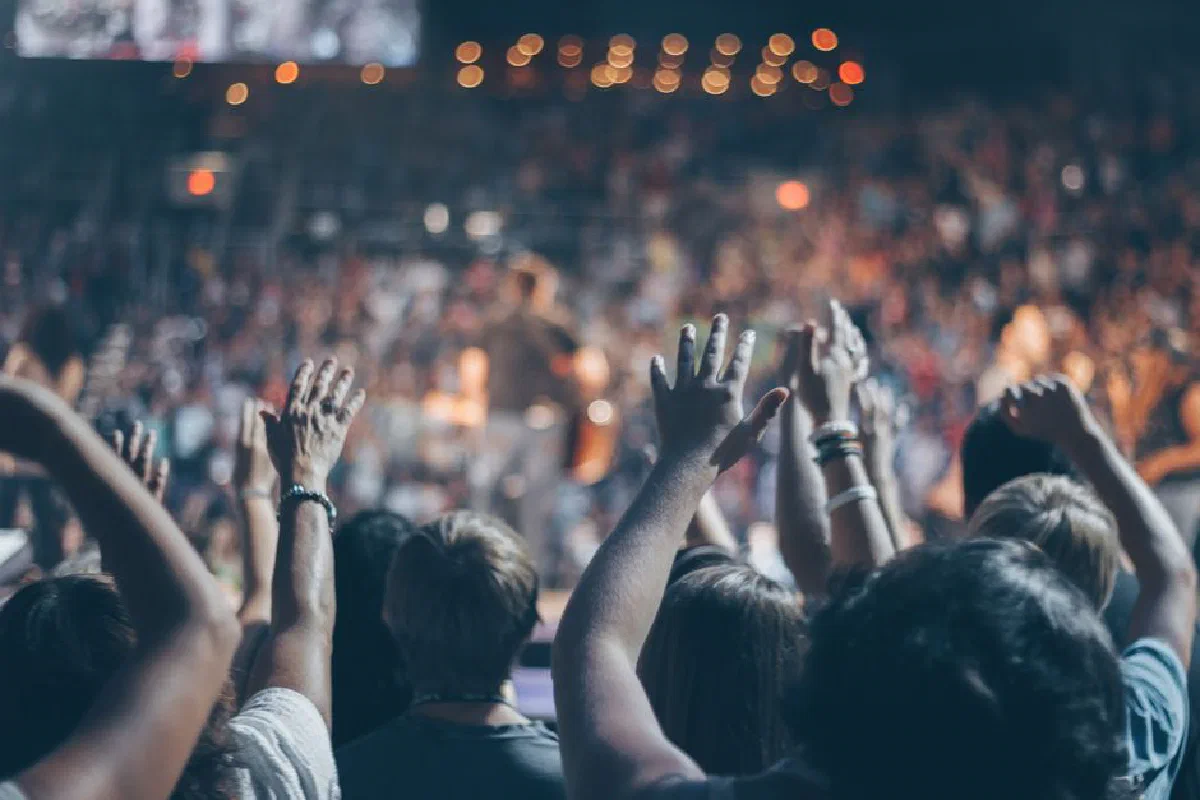 Energetic crowd at a live concert with hands raised and bright lights.