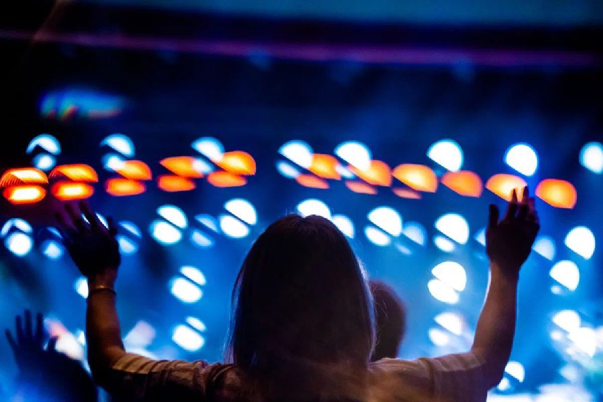 Silhouette of person with raised arms at a concert, vibrant bokeh stage lights.