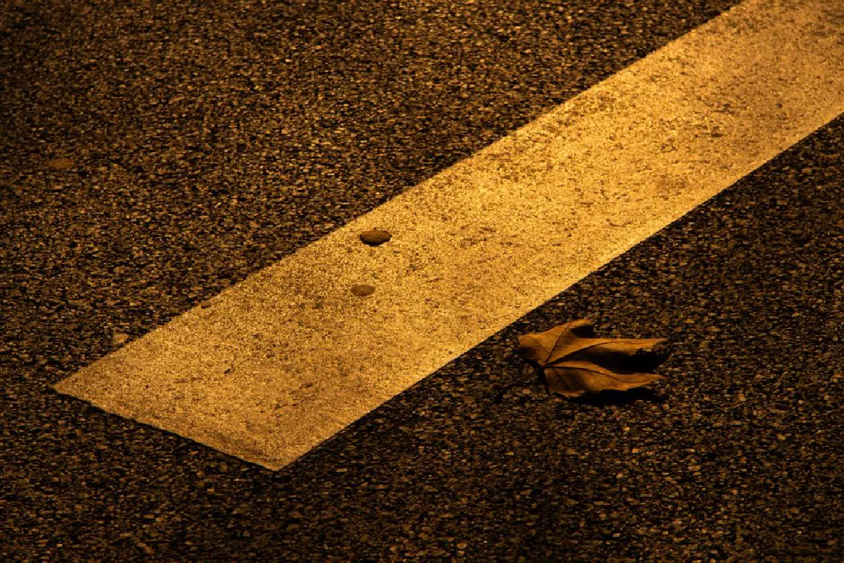 A single autumn leaf lies on textured asphalt next to a painted road line, illuminated by warm lighting.