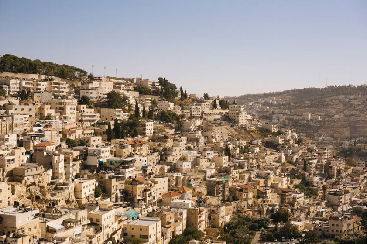 Stunning aerial view of the historic cityscape of Jerusalem, Israel, showcasing its unique architecture and landscape.
