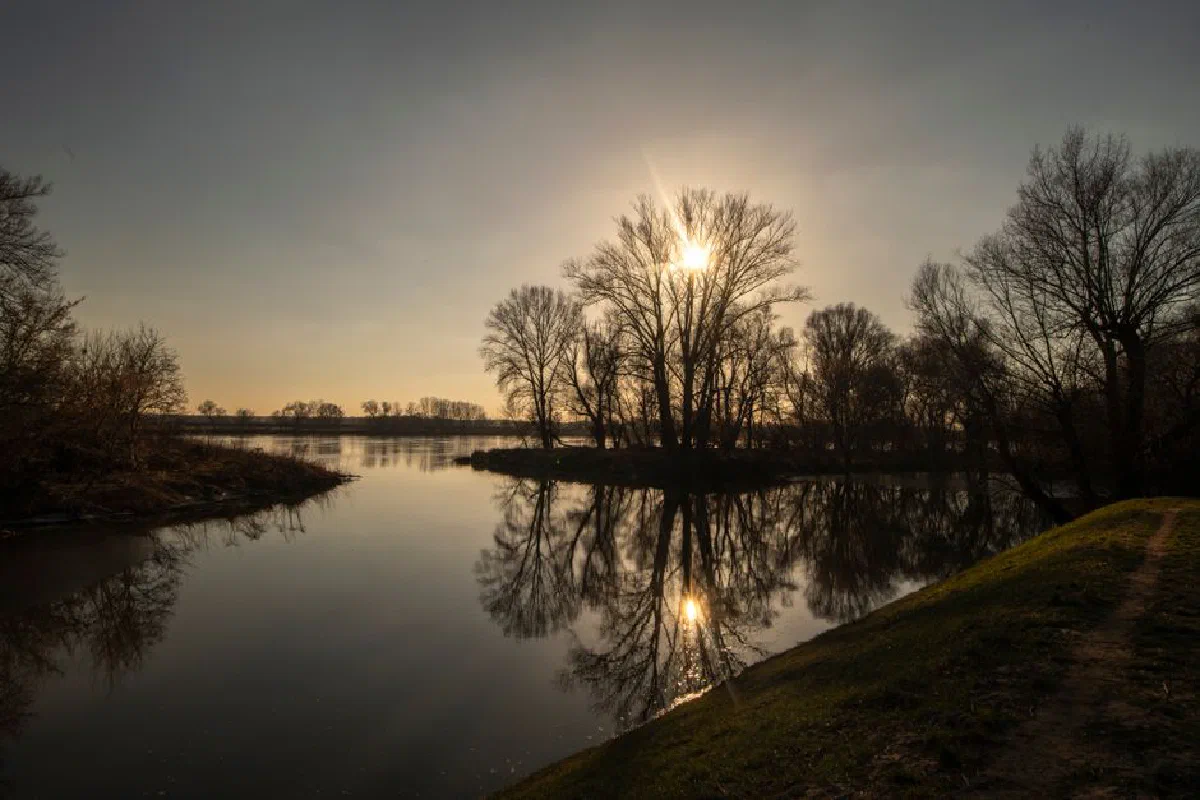 A tranquil river scene captured at sunset, highlighting the reflection of trees in the water.