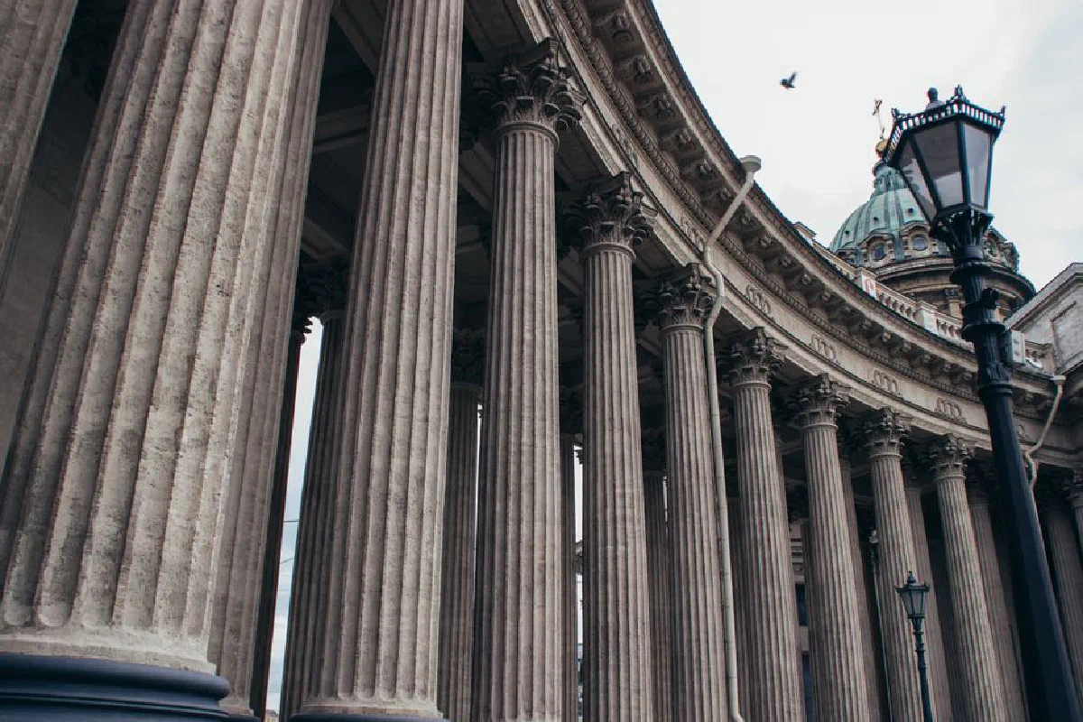 Elegant architectural columns of the Kazan Cathedral in Saint Petersburg, Russia. A symbol of neoclassical design.