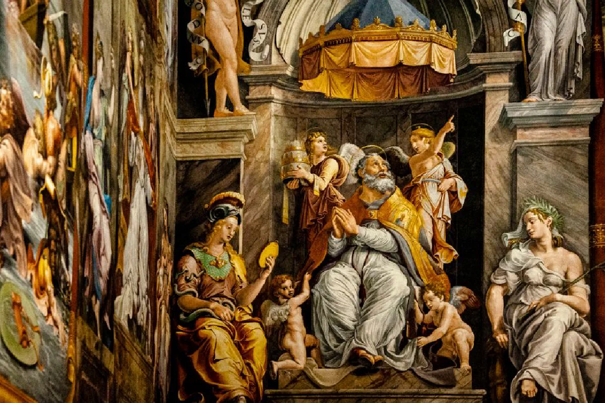 Intricate Renaissance painting depicting religious figures in Vatican City.