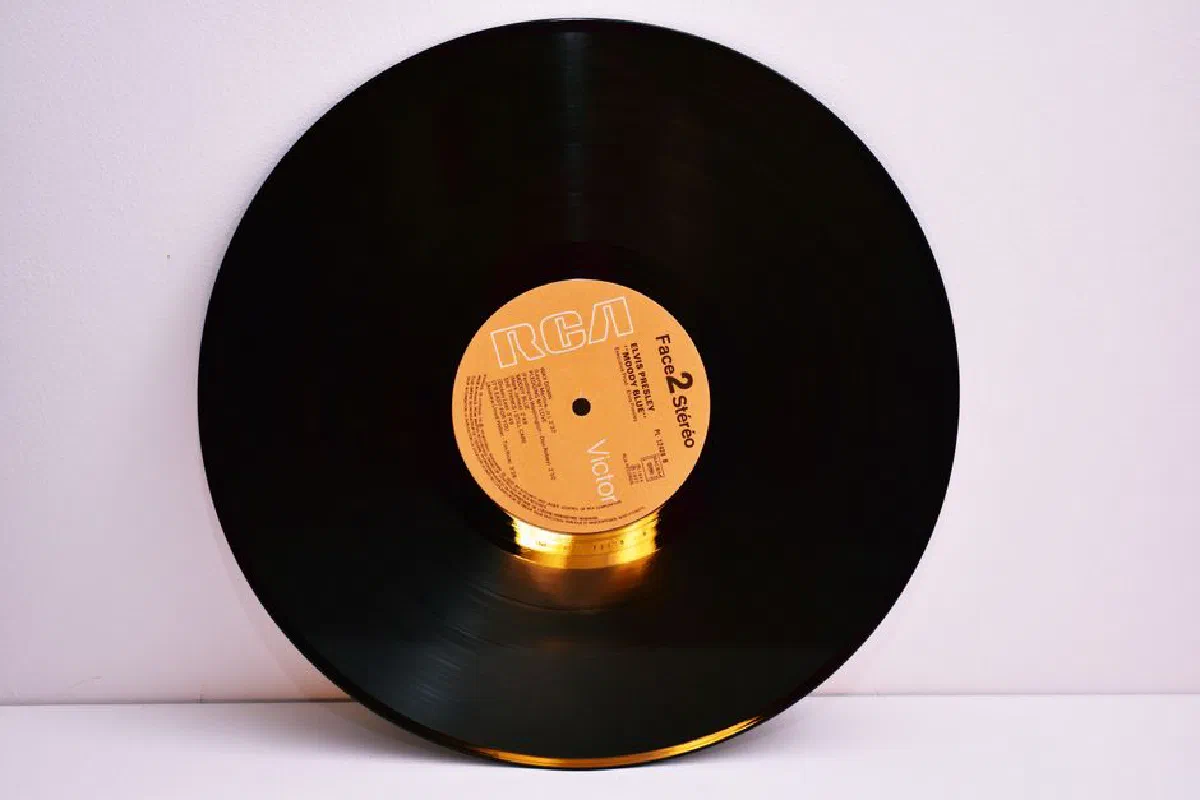 Close-up of a classic RCA labeled vinyl record on a white background.