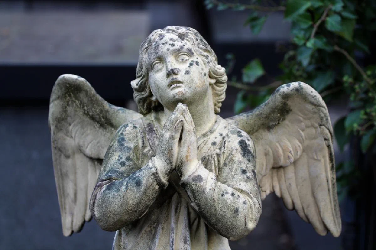 A moss-covered angel statue in prayer, captured in the Netherlands garden.
