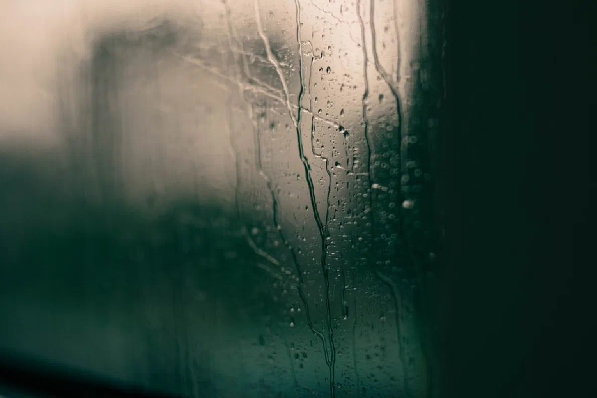 Close-up of raindrops on a window capturing a serene and moody atmosphere.