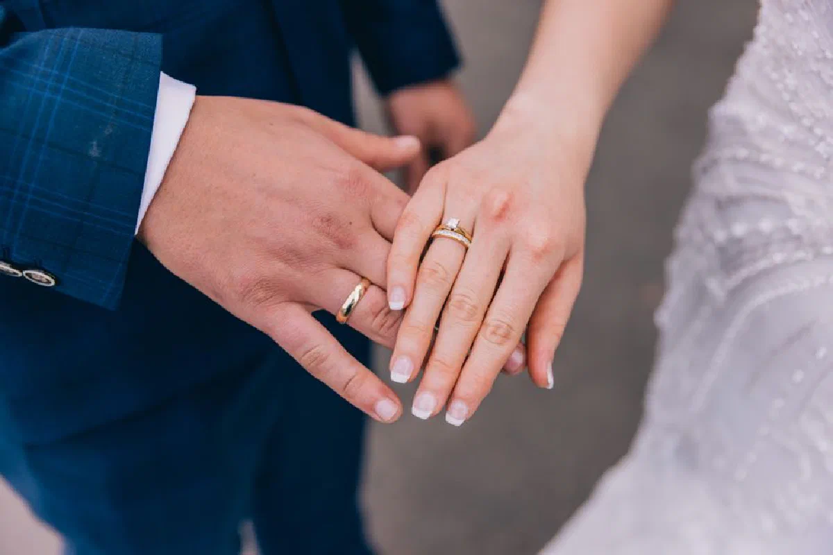 Close-up of wedding rings on a couple's hands, Pyrmont, Australia. Capturing the elegance of love.