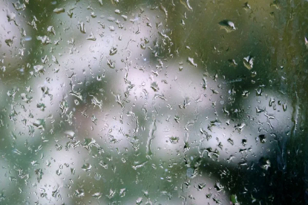 Close-up of raindrops on a window pane with a blurred green background.