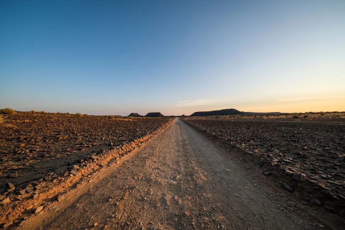 Expansive desert landscape with a long dirt road stretching into the horizon under a serene sunset sky.