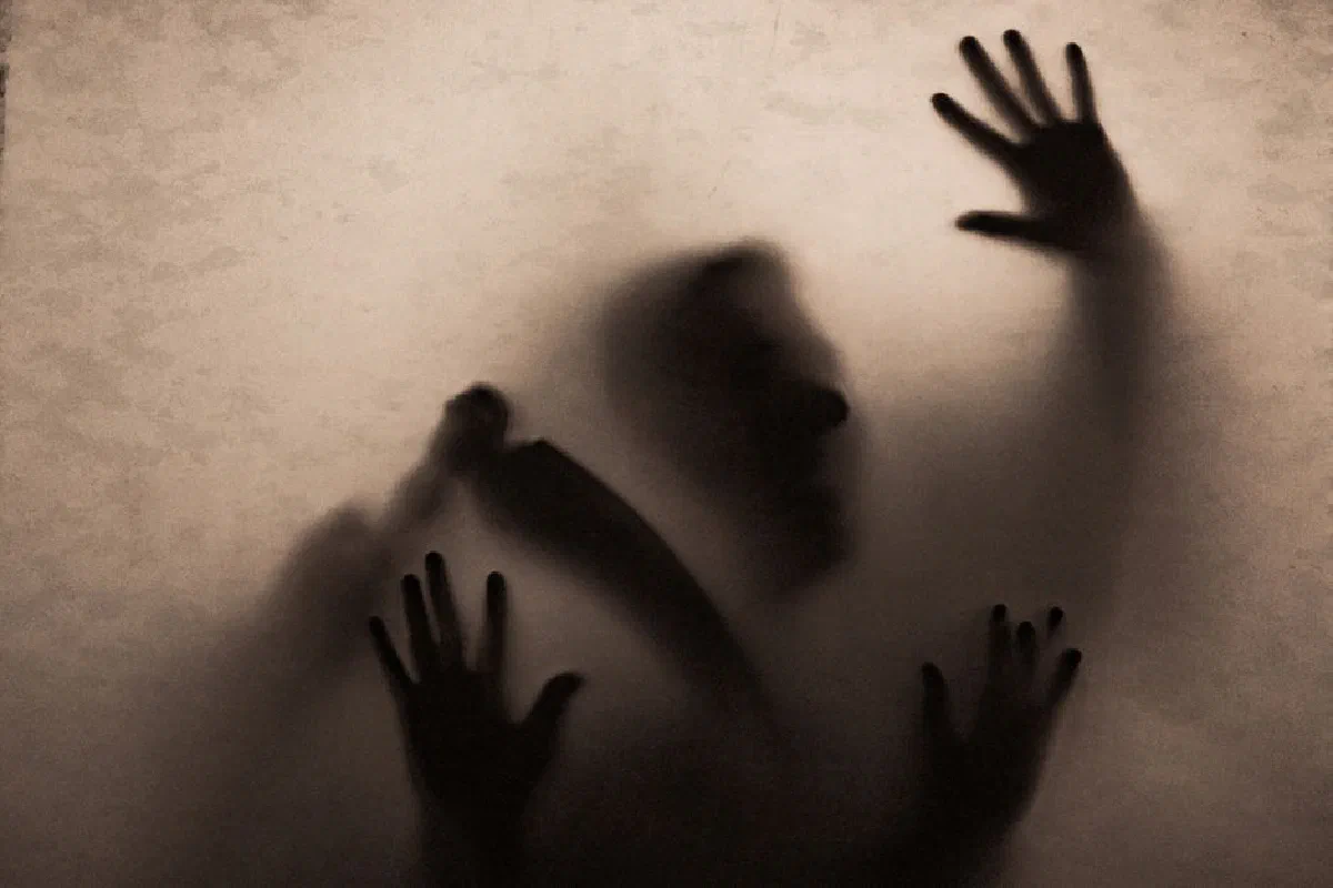 Shadowy figure holding a scythe behind fabric, creating an eerie and mysterious atmosphere.