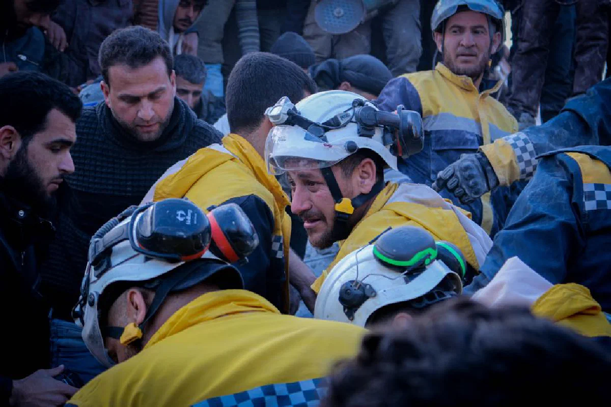 Rescue workers in action during a crisis situation in Idlib, Syria.