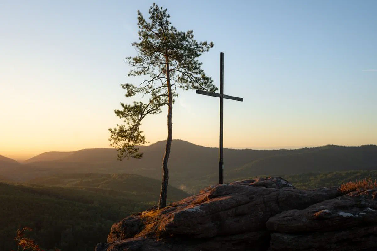 A serene scene of a cross and a lone tree at sunset in Wilgartswiesen, Germany.