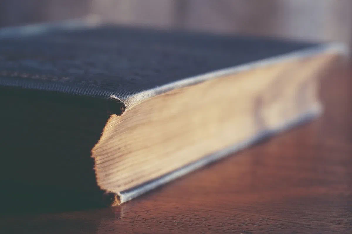 Close-up view of an old book with visible paper texture on a wooden table.