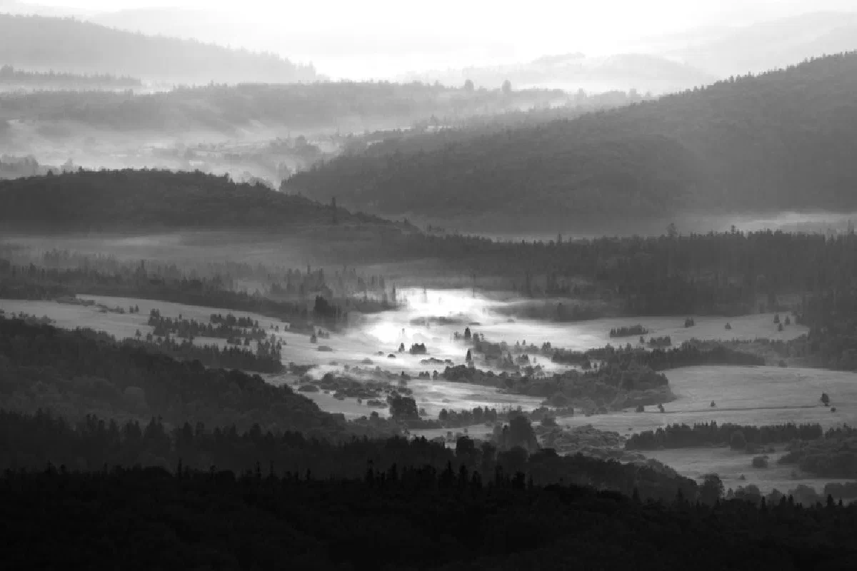 A breathtaking view of misty valleys and forested hills in the Bieszczady Mountains at sunrise.