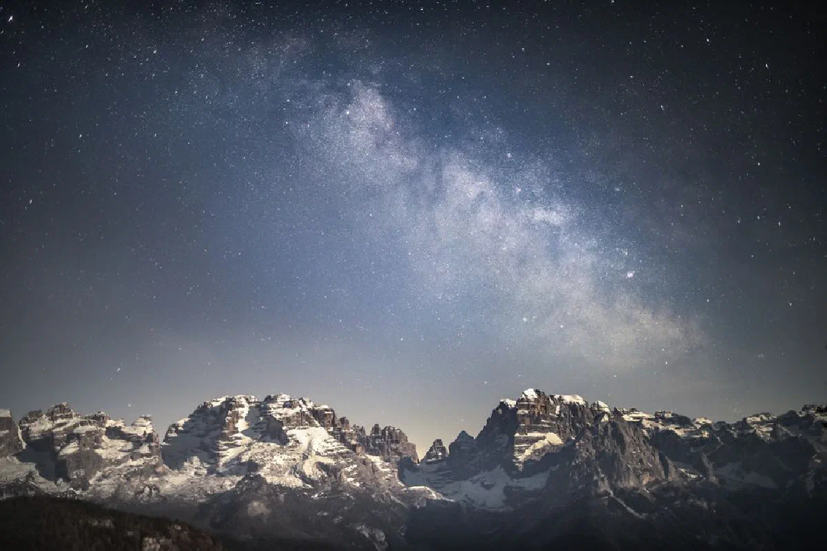 Vivid night sky with the Milky Way above snow-capped mountains, capturing the beauty of the cosmos.