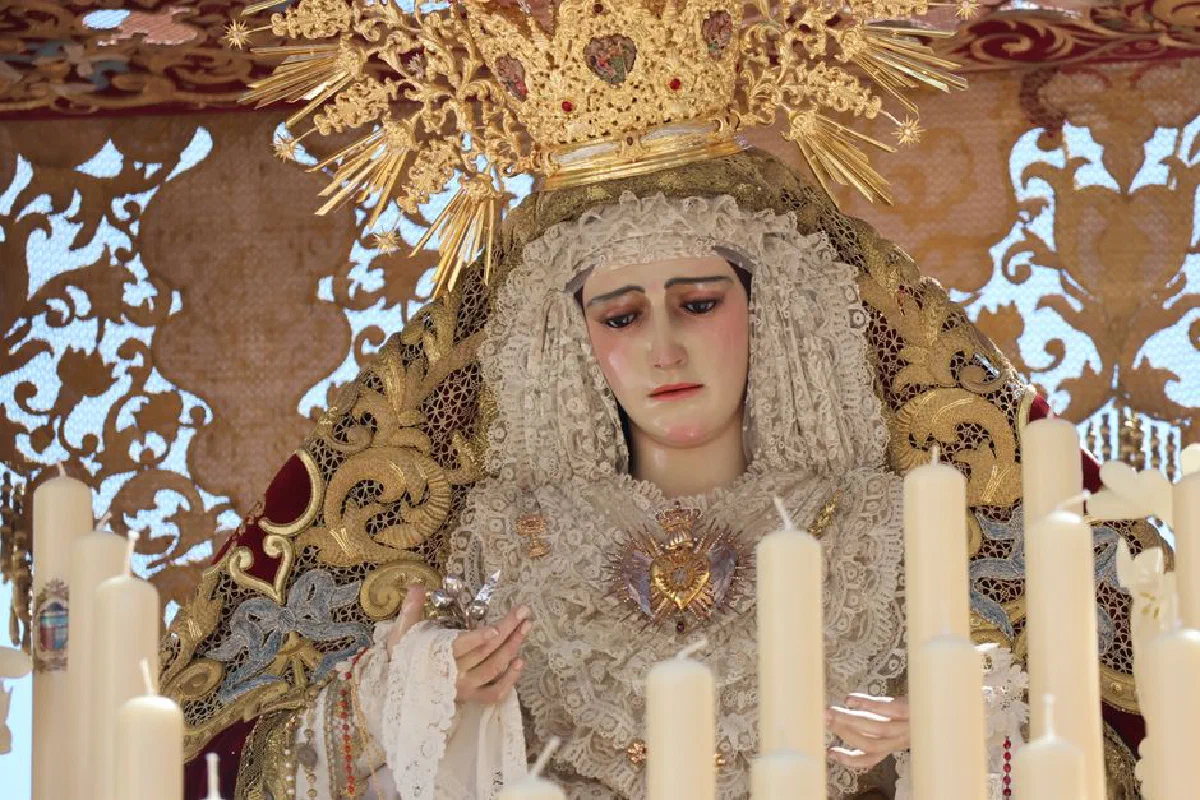 Intricate statue of Virgin Mary during Semana Santa in Cádiz, Spain.