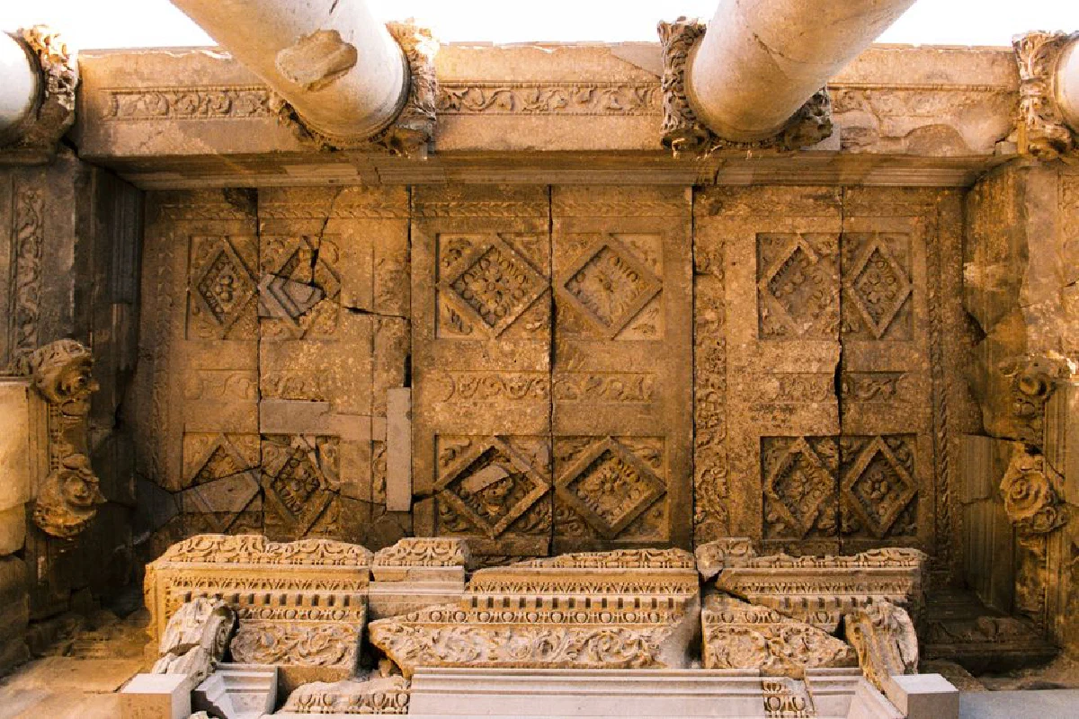 Detailed view of a carved stone wall, showcasing ancient architectural beauty.