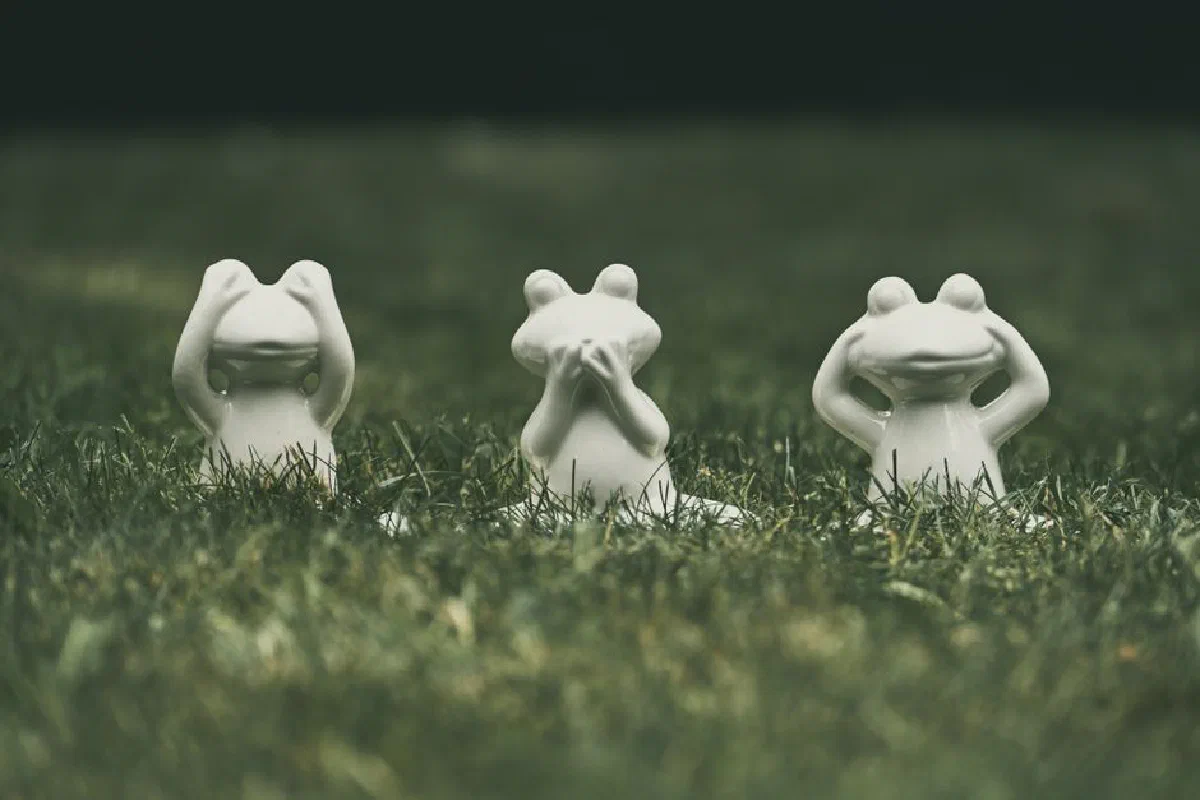 Three ceramic frog statues depicting the 'see no evil, hear no evil, speak no evil' proverb on grass.
