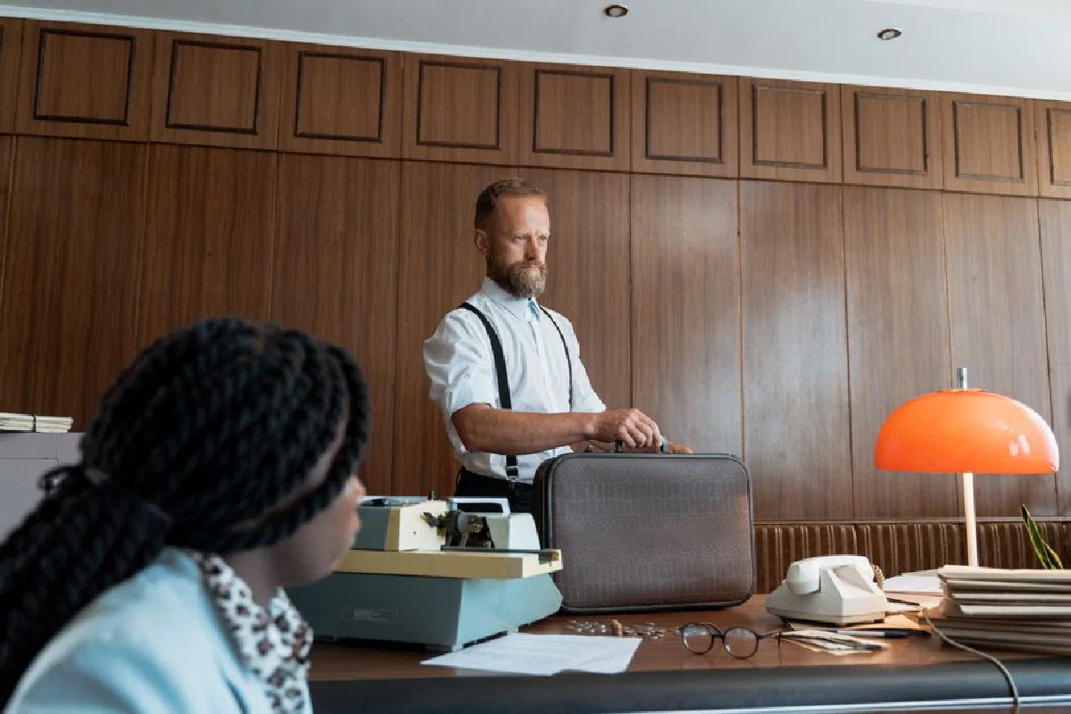 Man with beard and briefcase in vintage office environment, focusing on business tasks.
