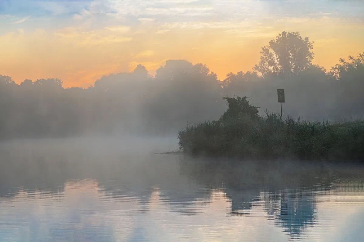 Serene misty sunrise above a calm lake with trees and reflections, evoking tranquility.