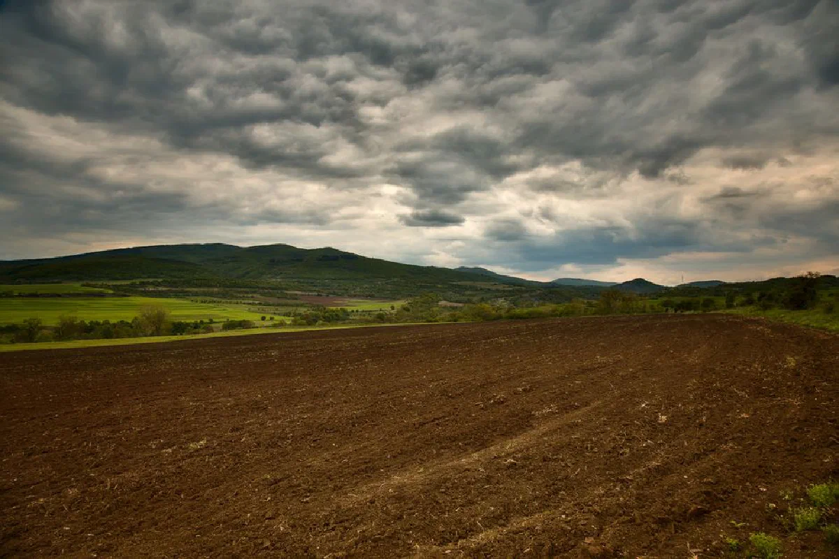 A scenic rural field beneath overcast skies with distant hills.
