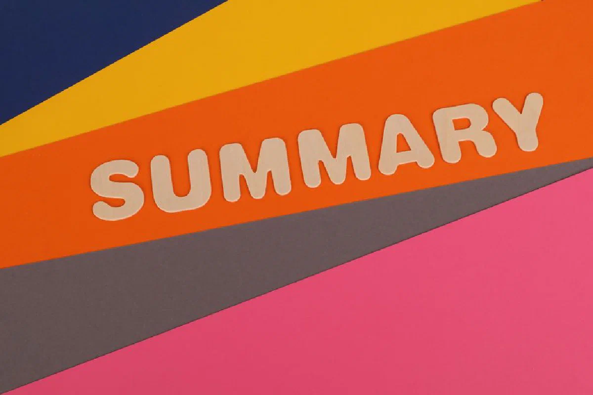 Vibrant abstract composition with the word 'SUMMARY' on colorful layers.
