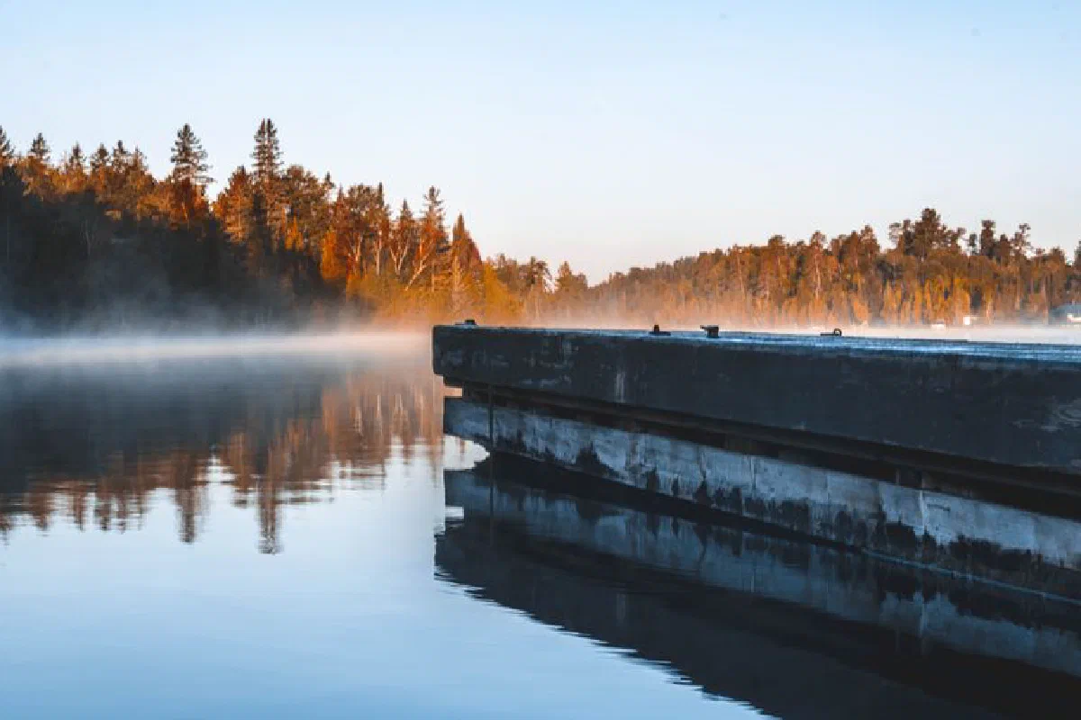 A serene view of a lake and forest reflecting in the water at sunrise, creating a tranquil atmosphere.
