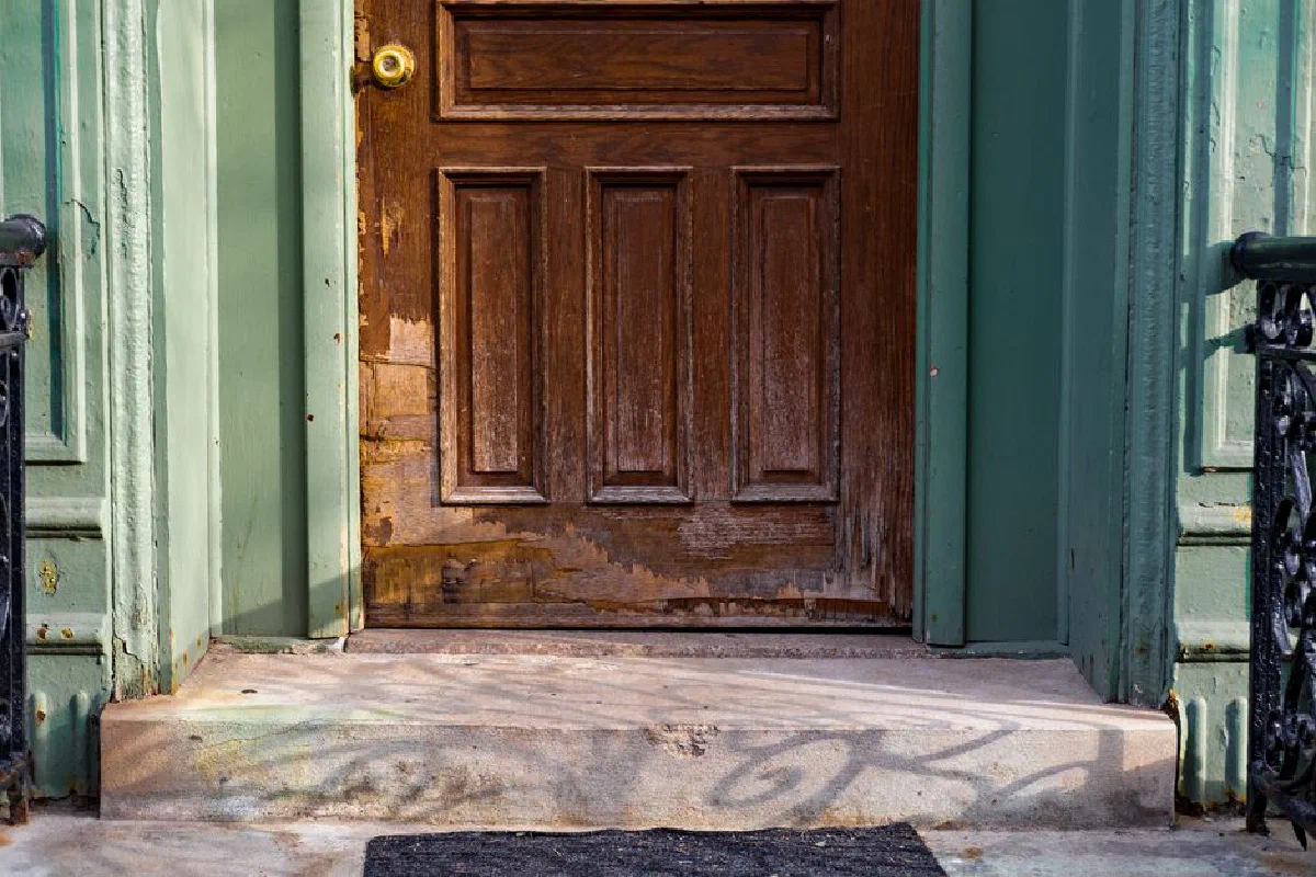 A close-up view of an old wooden door with peeling paint and vintage charm.