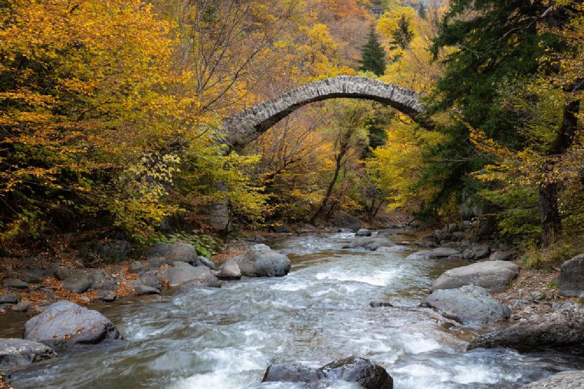 Scenic view of a historic stone bridge arching over a flowing river with autumn foliage.