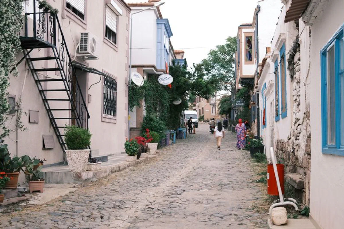 Explore the historic charm of a cobblestone street lined with colorful old buildings and lush greenery.
