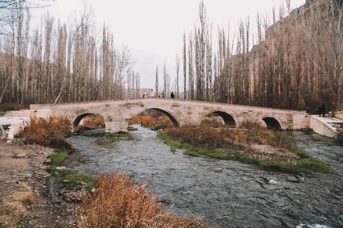 A serene view of a stone arched bridge crossing a gentle river in a natural setting.