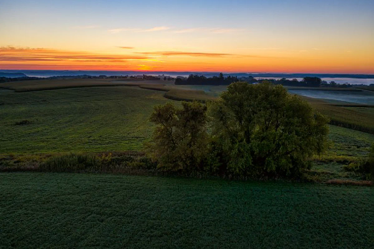 A breathtaking aerial view of a sunset over lush farmland in Minnesota, highlighting the tranquil rural landscape.