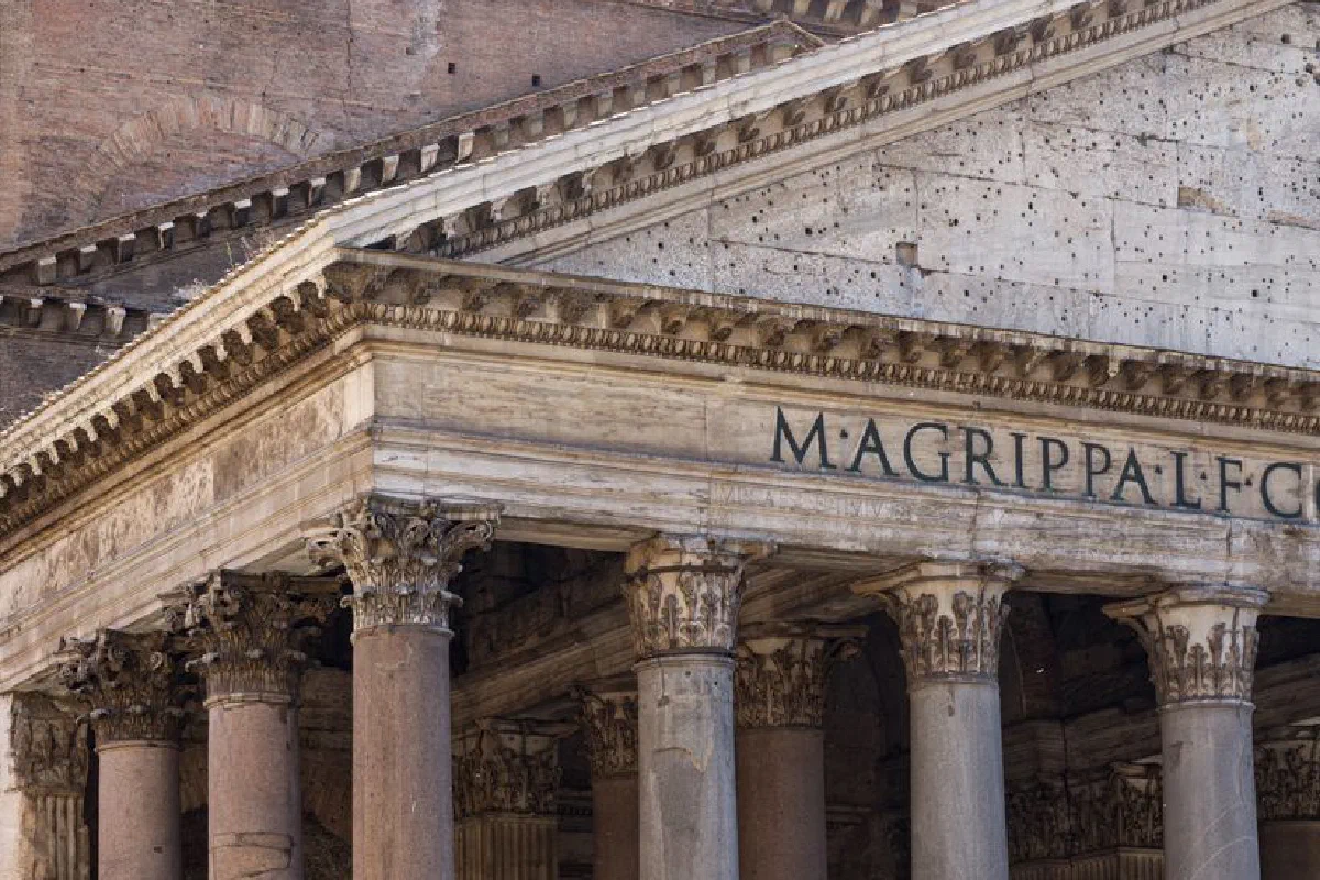 Detailed view of the Pantheon in Rome, showcasing its stunning ancient Roman architecture and Corinthian columns.