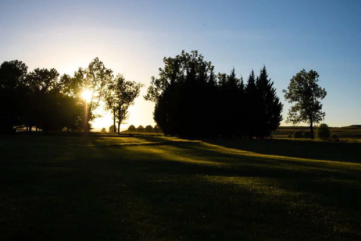 Peaceful sunset casting shadows over a tranquil field in Himeville, South Africa.