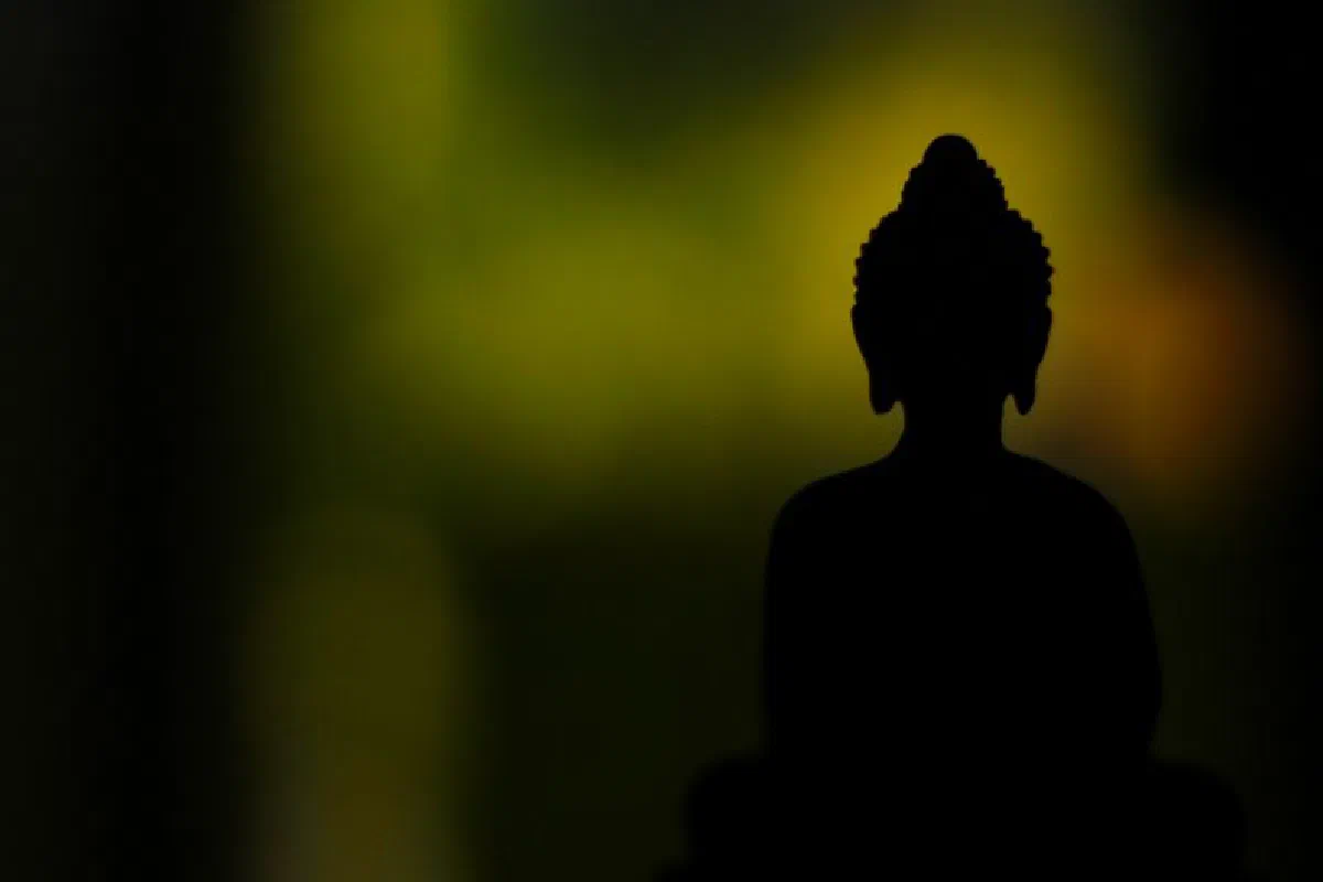 A serene Buddha silhouette highlights spirituality against a dim background.