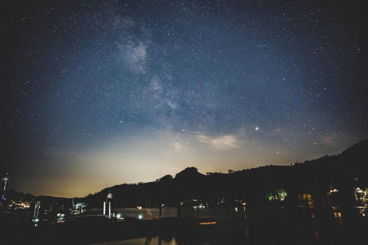 Starry night sky with the Milky Way over a tranquil lakeside silhouette.