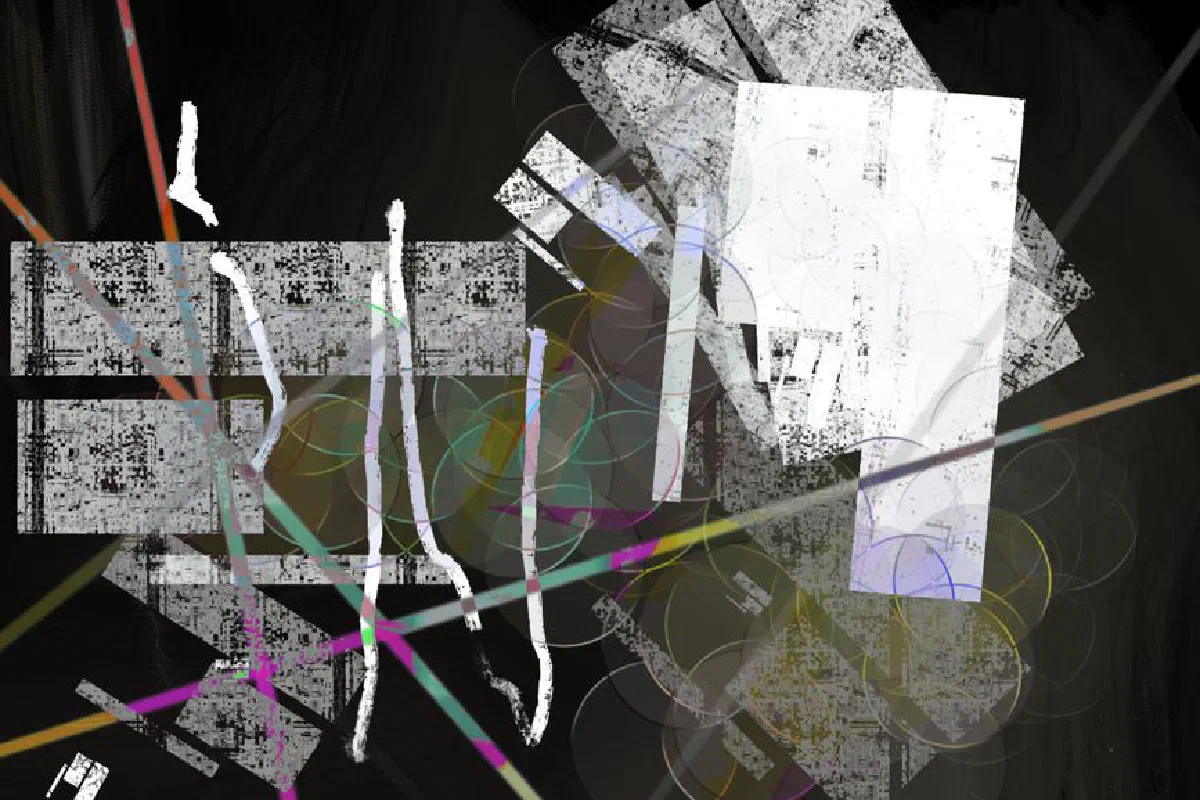 Vivid abstract artwork featuring geometric patterns and rich textures on a dark background.