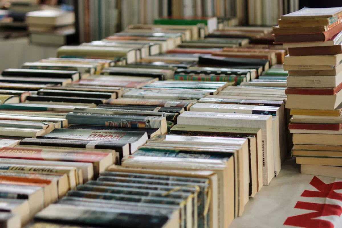 Wide view of numerous books neatly arranged at a book market, showcasing variety and abundance.