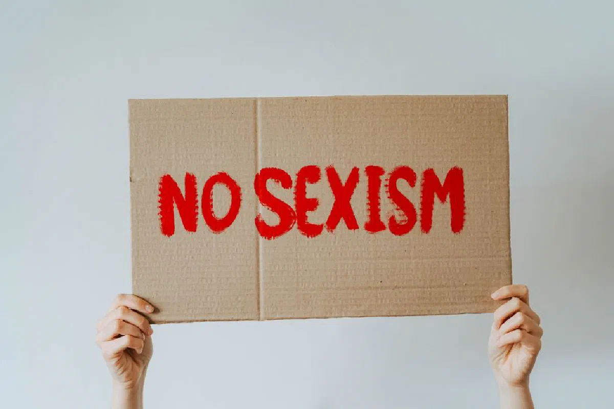 Cardboard sign held up with the message 'No Sexism' in bold red lettering, emphasizing gender equality.