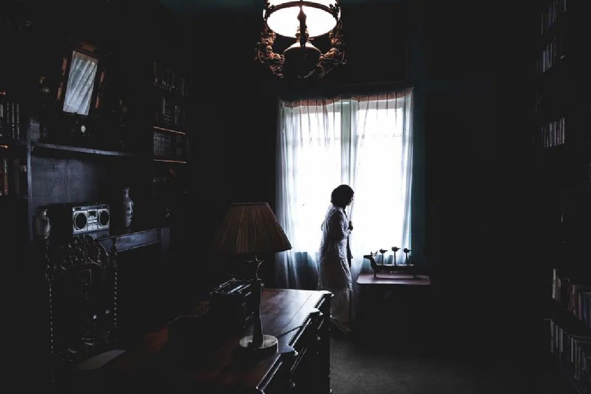 Silhouette of a person looking out the window in a dark Yogyakarta library, creating a moody atmosphere.