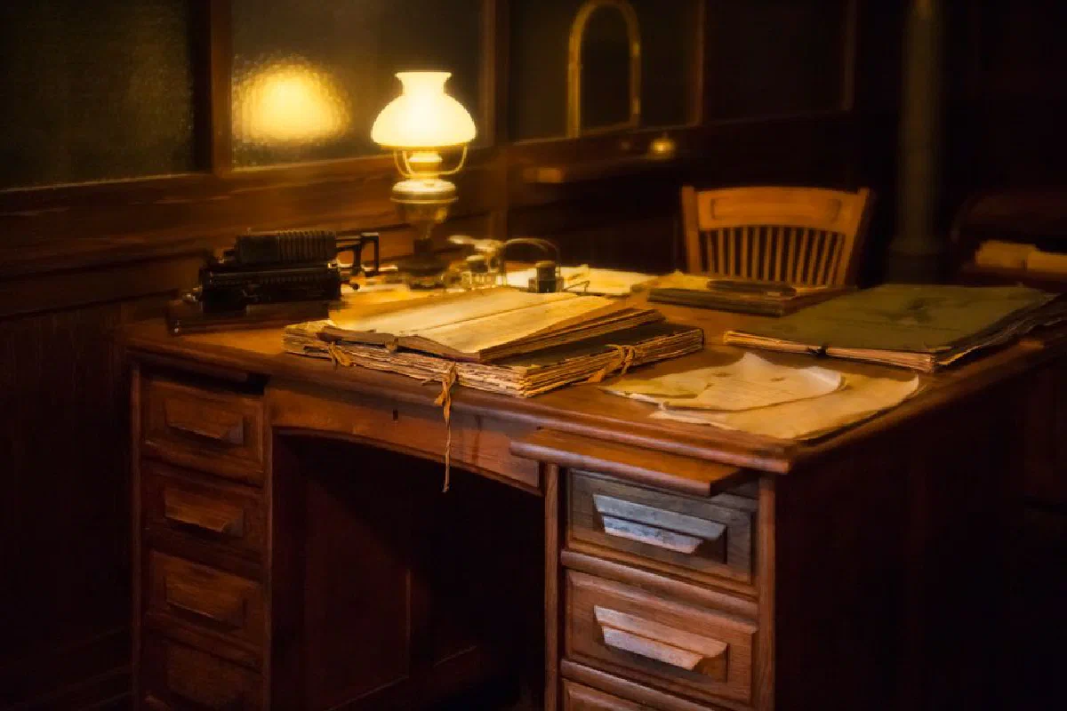 Cozy vintage office setting with an antique typewriter, lamp, and paperwork on a wooden desk.