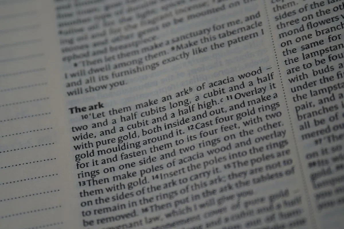Detailed close-up of an open Bible focusing on a passage about the Ark.